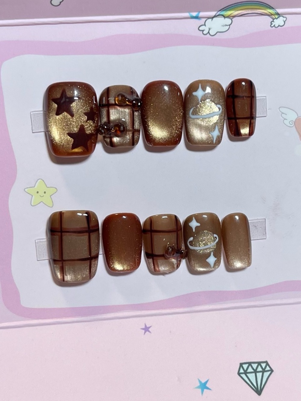 💖5 for $25😻 Brown Metallic Press-On Nail Set with Stars & Plaid
